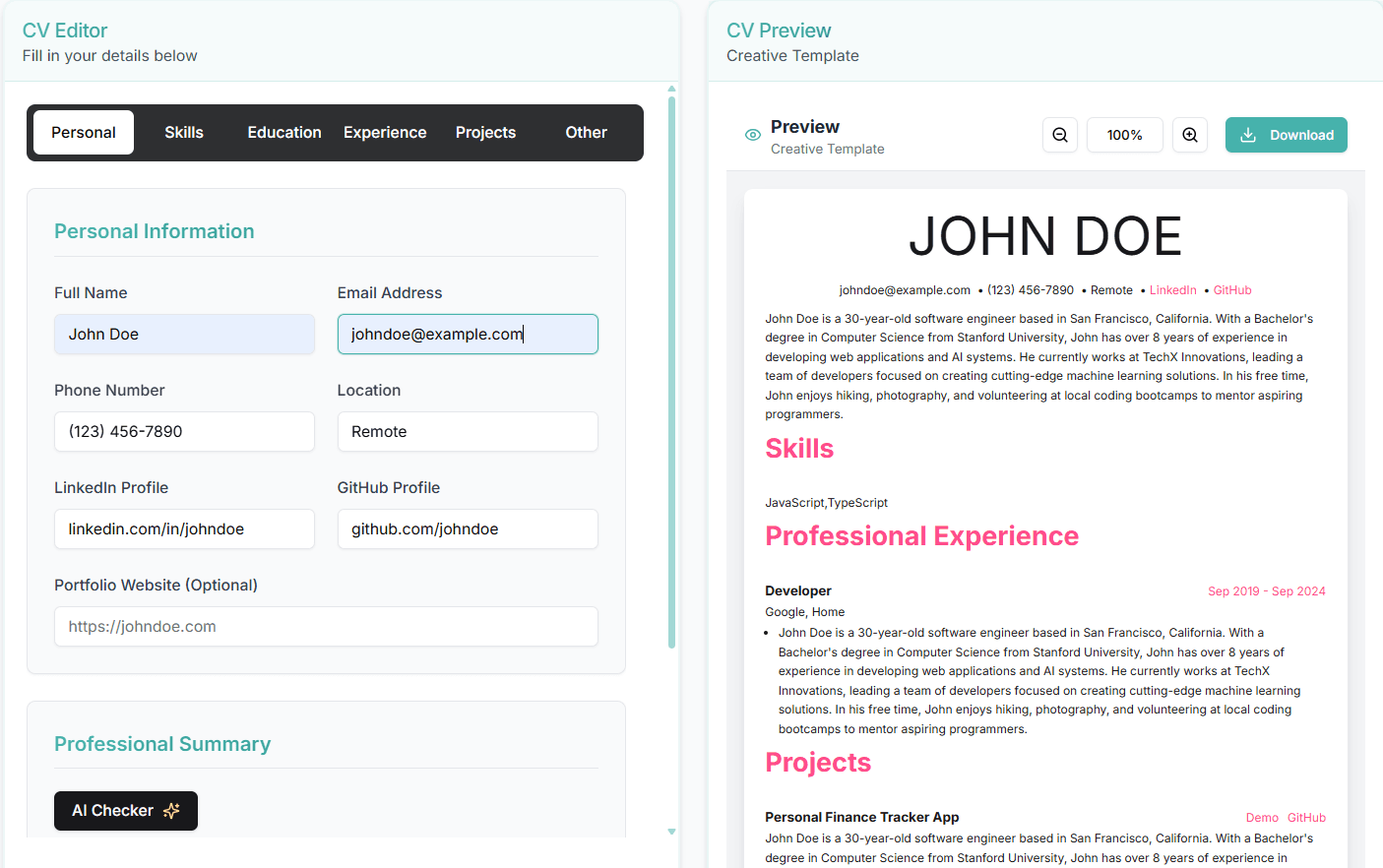ATS-Optimised CVs interface